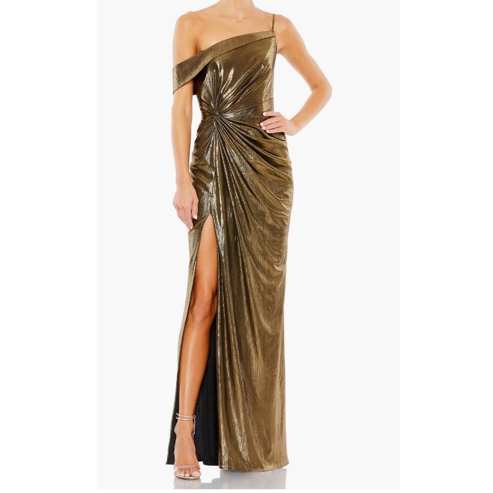 Ieena MacDuggal metallic liquid gold off the shoulder maxi gown size 12 - Picture 2 of 13
